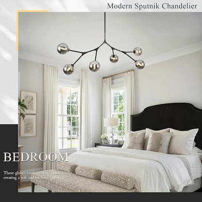 6 Lights Sputnik Chandelier for Dining Room L45’’ Black Modern Pendant Light Fixture with Black Clear Glass Shade Large Mid Century Chandeliers for Kitchen Island Living Room Foyer