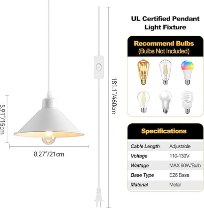 8.2IN Plug in Pendant Light, 2 Pack Industrial Hanging Lamp White Vintage Pendant Lighting Fixtures with 15ft Cord On/Off Switch for Kitchen Island Dinning