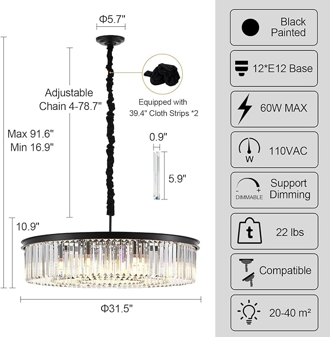 31.5" 12-Light Modern Crystal Chandelier Light Fixtures 3 Rings Black Luxury Chandeliers for Living Room Glam Round Hanging Ceiling Pendant Lighting for Entryway Kitchen Bedroom Dining Room