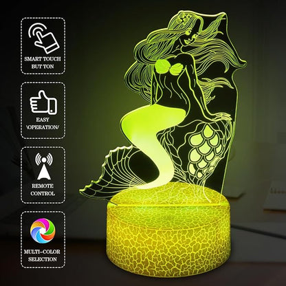 Mermaid Night Light Gifts for Girls, 3D Illusion 16 Color Change Decor Bedside Lamp with Remote and Smart Touch, Gifts for Christmas Birthday Kids