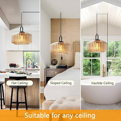 Plug in Pendant Lights - Amber Glass Stripe Lamp Shade, Large Globe Hanging Lamp Mid Century Hanging Lamp with 14.7 ft Plug in Cord Swag Style, Plug in Light Fixture for Living Room