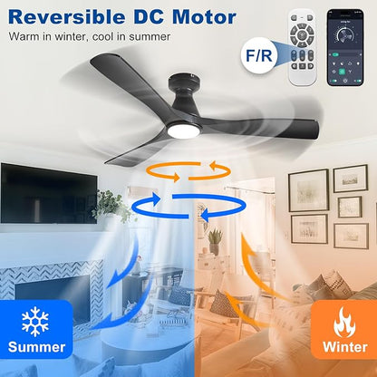 DLLT 52-Inch Ceiling Fans with Lights: Flush Mount Ceiling Fan 3 Blades for Indoor Outdoor - Black Ceiling Fan with Remote APP Control Noiseless for Low Profile Bedroom