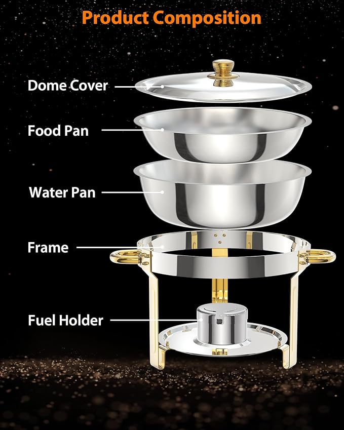 Chafing Dish for Buffet 2 Pack, 5 QT Round Chafing Dishes Buffet Set w/Lid Holder, Stainless Steel Chafers and Food Warmers with Spoon and Tweezers for Parties, Weddings, Events, Banquet, Gold