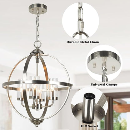 Treekee Chandelier Farmhouse Hanging Lighting, 4-Light Globe Orb Chandelier, Adjustable Modern Farmhouse Pendant Light Fixture for Dining Entryway Foyer, Brushed Nickel Finish