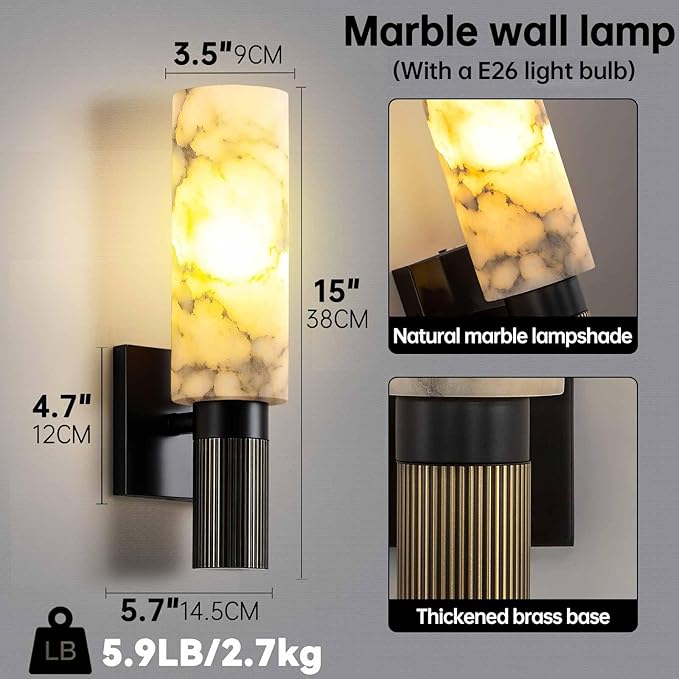 Modern Alabaster Sconce Marble Wall Sconce for Living Room Black Base Bathroom Vanity Wall Sconce Lighting Stone Marble Wall Lamp for Bedroom Corridor Stairs Restaurant