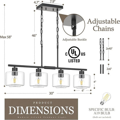 4-Light Kitchen Island Lighting, Modern Black Linear Dining Room Chandelier Light Fixtures with Clear Glass and Chain, Farmhouse Hanging Lights for Kitchen Island Dining Room, OS-YQ8153-4ISBKC
