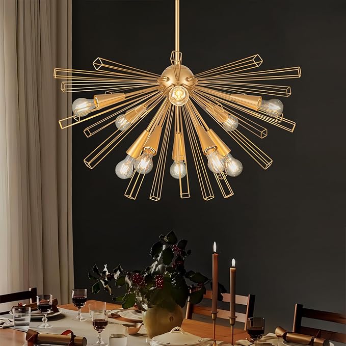 Modern 33'' Gold Sputnik Chandelier, 10-Light Mid Century Brushed Brass Starburst Chandelier Light Fixture, Large Pendant Lighting for Kitchen Dining Room Bedroom Foyer Sloped Ceiling Compatible