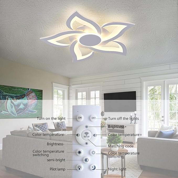 24" Modern Geometric Ceiling Light Fixture, White Dimmable 3 Colors LED Close to Ceiling Light Fixtures with Remote, Low Profile Flush Mount Ceiling Light for Kitchen, Living Room