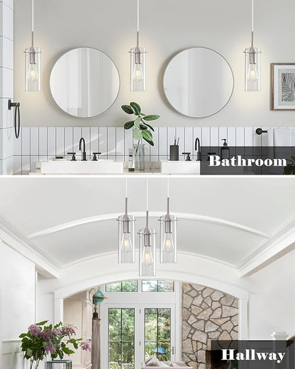 Glass Pendant Lights Kitchen Island 2 Packs, Brushed Nickel Pendant Light, Modern Clear Glass Pendant Light Fixture, Hanging Pendant Lights for Kitchen Island Dining Room Hallway