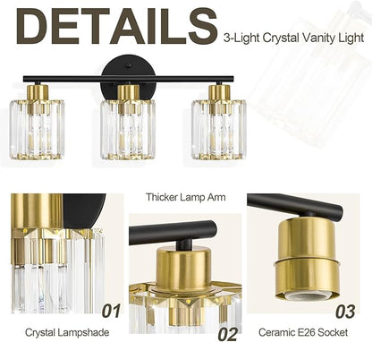 Crystal Bathroom Light Fixtures, Bathroom Lighting Fixtures Over Mirror, Modern Black Gold 3-Light Vanity Lights for Mirror, Restroom, Bedroom (Ceramic E26 Socket,Bulbs Not Include)