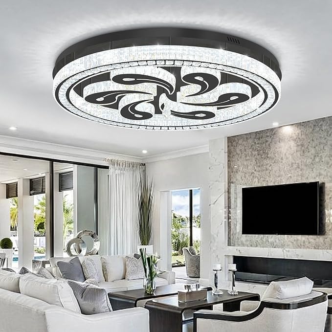 Modern Crystal Chandeliers for Dining Room Flush Mount Ceiling Chandelier for Living Room Dining Room Ring LED Crystal Ceiling Light (Round,40in Black,Dimmable 2700K-6500K)