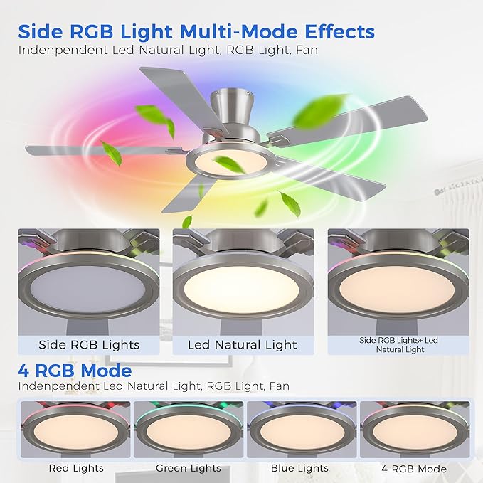 Ayaoty 52" Ceiling Fans with Lights - Flush Mount Ceiling Fan with RGB Dimmable, 3CCT 6 Wind Speeds and Reversible Quiet Motor, Low Profile RGB Fan Light for Modern Indoor, Party - Nickel RGB