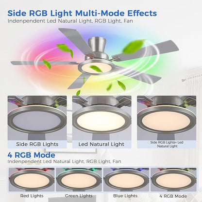 Ayaoty 52" Ceiling Fans with Lights - Flush Mount Ceiling Fan with RGB Dimmable, 3CCT 6 Wind Speeds and Reversible Quiet Motor, Low Profile RGB Fan Light for Modern Indoor, Party - Nickel RGB