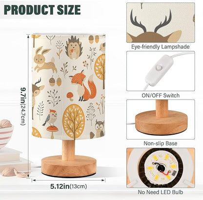 Bedside Table Lamp Woodland Animals Nightstand Lamp with Wood Fox Owl Deer Buuny Trees Leaves Desk Lamps for Bedroom Living Room Nursery Office Home Decor