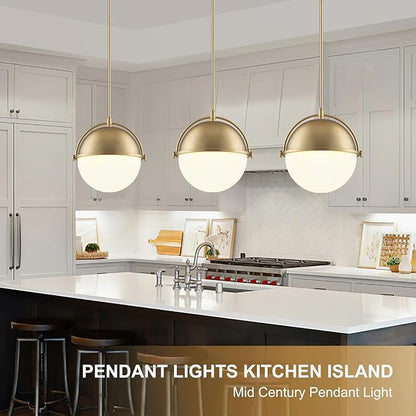 11.4 Inch Gold Globe Pendant Light Fixtures,Mid Century Modern Pendant Lights Kitchen Island with Milk Glass Shade, Adjustable Hanging Light Fixture for Kitchen Dining Room Bedroom Bathroom