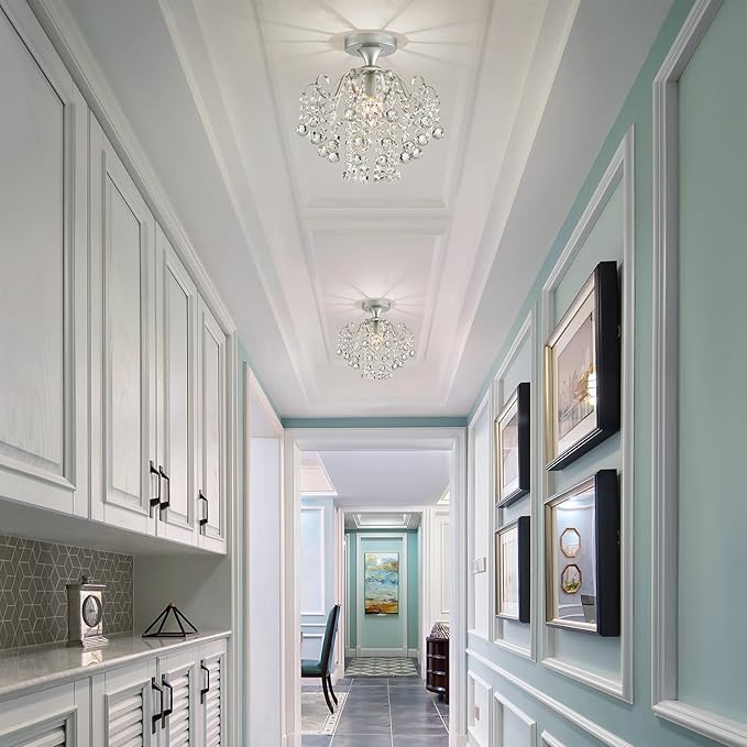 WUZUPS Crystal Chandelier Flushmount Ceiling Light Modern Lighting Fixture for Bedroom Hallway Bar Kitchen Bathroom, H 13.4" x W 12.6", E26 Base, Silver