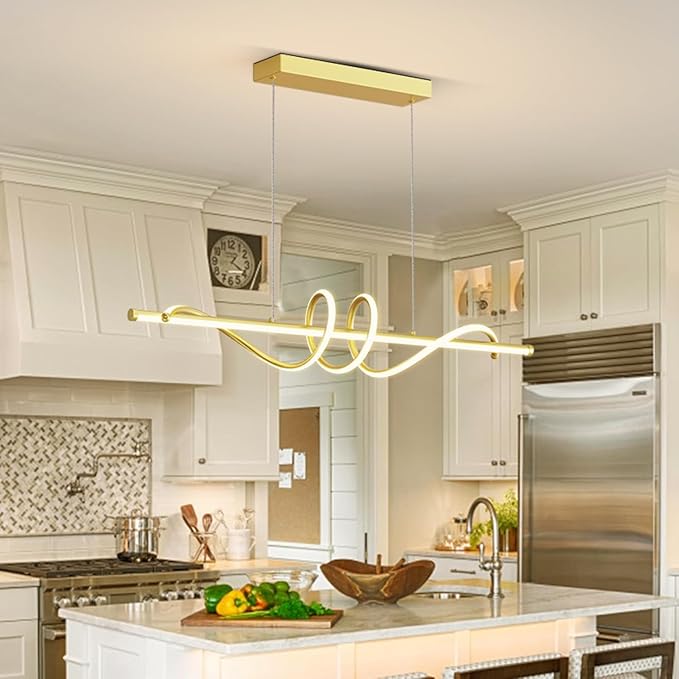 Modern LED Pendant Lights, Ceiling Chandelier Dimmable with Remote Control 3000k-6000K Adjustable Color Temperature, Aluminum Island Lighting Lamp Fixture for Kitchen, Dining Room(47in Gold)