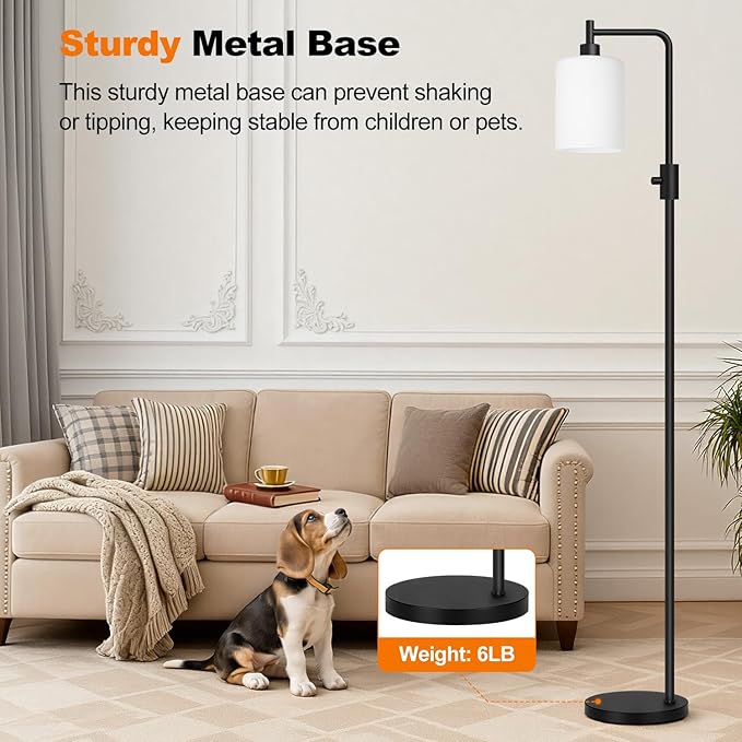 【Upgraded】Dimmable Floor Lamp for Living Room with Frosted White Glass Shade, Modern Industrial Floor Lamp with 900LM Bulb Included, Standing Tall Lamp for Bedroom, Office, Reading Room, Corner, Black