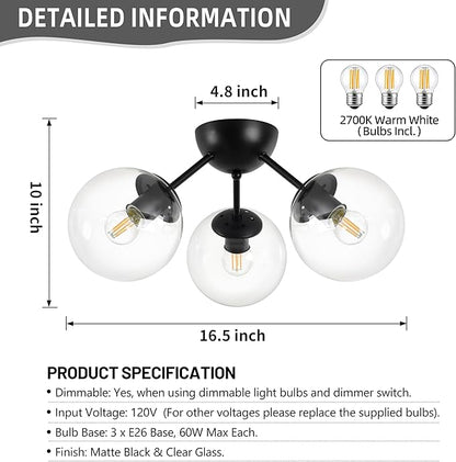 Bagood Mid-Century Modern Semi Flush Mount Ceiling Light 3 Lights Clear Glass Modern Globe Ceiling Light Matte Black Sputnik Chandeliers for Hallway Entryway Kitchen Bedroom Laundry(Bulb Incl.)