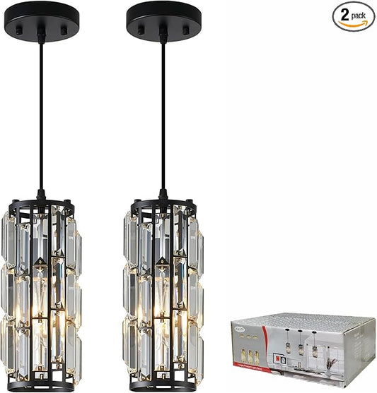 Black Pendant lamp Modern Pendant lamp, Mini Crystal Pendant Light, Adjustable Pendant Light for Kitchen, Dining Room, Bedroom(Black Pack of 2)