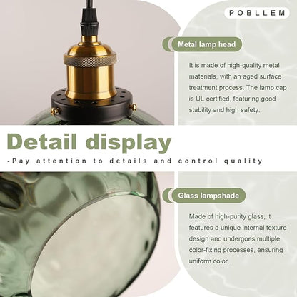 2 Pack Plug in Pendant Light Fixtures, Green Glass Pendant Lights Vintage Hanging Lamps with Hammered Glass Globe, Mid Century Brass Hanging Lights with Plug in Cord for Kitchen Bedroom