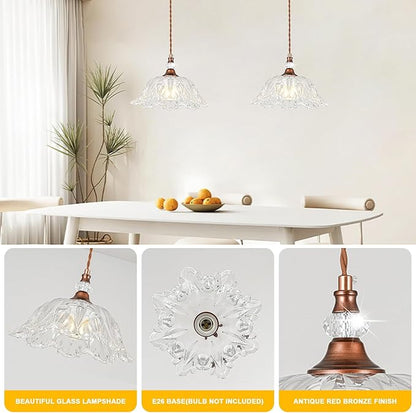1 Piece Vintage Chandelier Light Fixtures with Crystal Glass Shade, Antique Red Bronze Finish Pendant Light for Kitchen Island, Hanging Light Fixture for Dining Room, Hallway, Living Room, Bedroom
