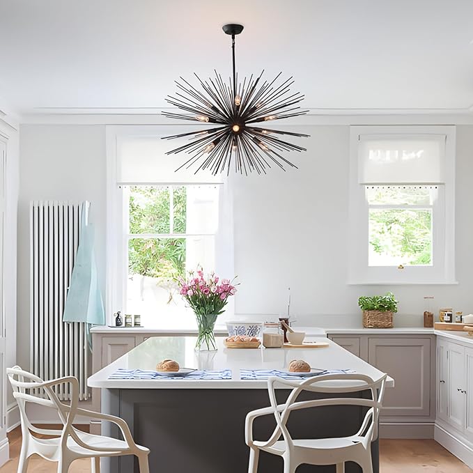 33.85" Black Sputnik Chandelier Vintage 12-Light Geometric Starburst Chandelier Light Fixture Large Solid Metal Black Sputnik Chandeliers for Dining Room, Kitchen, Bedroom, Living Room, E12