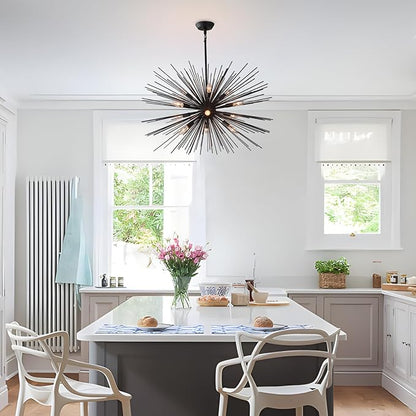 33.85" Black Sputnik Chandelier Vintage 12-Light Geometric Starburst Chandelier Light Fixture Large Solid Metal Black Sputnik Chandeliers for Dining Room, Kitchen, Bedroom, Living Room, E12