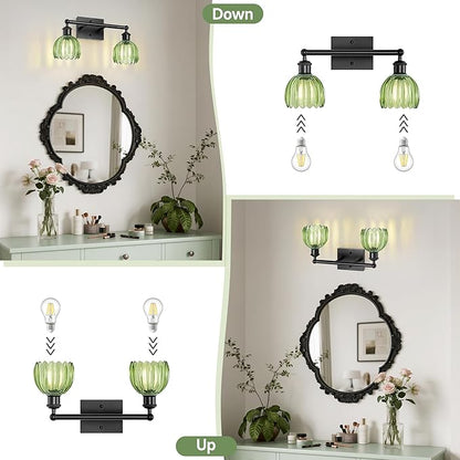 Bathroom Light Fixture,2-Light Vintage Bathroom Sconces Over Mirror, Black Fancy Vanity Lights, Flower Light Fixture with Green Tulip Glass Shade for Bedroom, Living Room, E26 Base