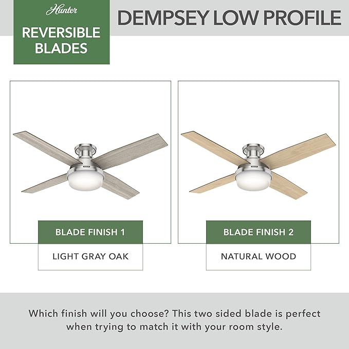 Hunter 52 inch Indoor Ceiling Fan with LED Light and Remote Control- Modern Ceiling Fan, Low Profile Mount, 4 Light Gray Oak Blades, For Bedroom, Living Room, or Kitchen- Dempsey 50283, Brushed Nickel