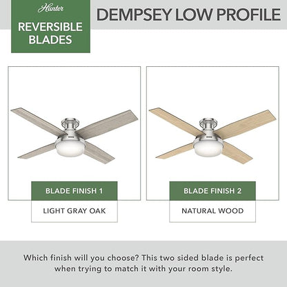 Hunter 52 inch Indoor Ceiling Fan with LED Light and Remote Control- Modern Ceiling Fan, Low Profile Mount, 4 Light Gray Oak Blades, For Bedroom, Living Room, or Kitchen- Dempsey 50283, Brushed Nickel
