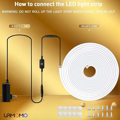 Lamomo Neon Rope Light, 24V Warm White Dimmable Rope Lights, 65.6ft Waterproof Flexible LED Strip Lights, Silicone 3000K Neon LED Strip for Bedroom Indoor Outdoor Decor