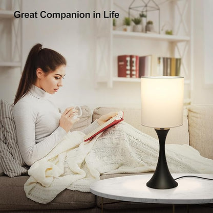 Seaside village 3 Way Touch Control Table Lamp, Modern Bedside Lamp for Bedroom, Dimmable Black Nightstand Lamp White Shade Desk Reading Light for Living Room Office Dorm, 3000K LED Bulb Included