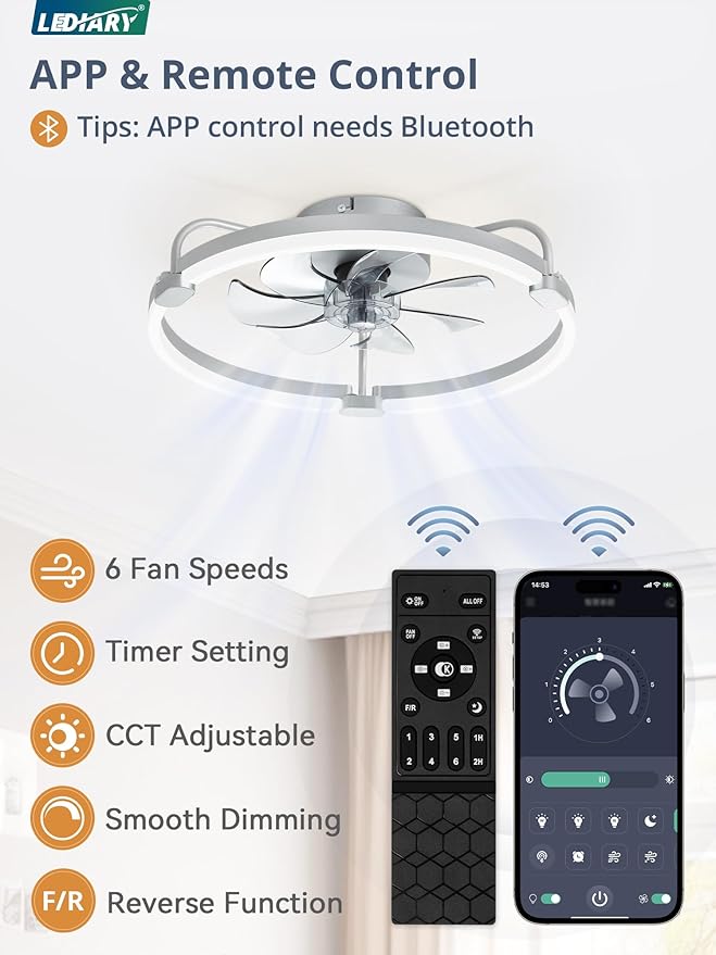 LEDIARY 2 Pack Ceiling Fans with Lights and Remote, 20'' Low Profile Ceiling Fan with Light, 3000-6000K Dimmable Fandelier LED Fan Light, 6 Wind Speeds, Grey Flush Mount Ceiling Fan for Bedroom