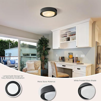 Black Flush Mount Ceiling Light,13 Inch Matte Black Ceiling Lighting Fixture,2-Light Modern Round Metal Lamp with White Frosted Glass Shade for Hallway Bedroom Closet Outdoor