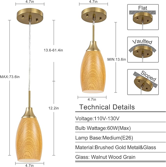 Viinew Mini Glass Pendant Light 4.72" Walnut Wood Grain Pendant Lights 1-Pack Handblown Art Oval Glass Hanging Pendant Light for Kitchen Island Dining Room Living Foyer Hallway Entry Brushed Gold
