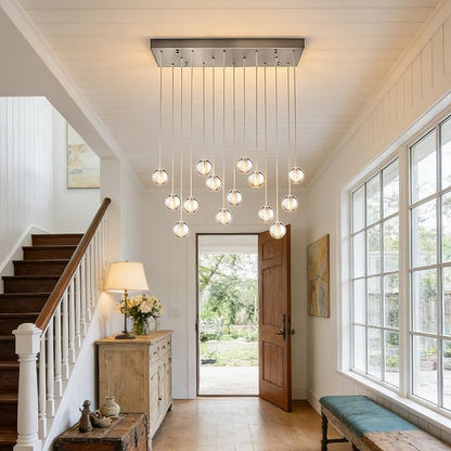 14 Lights Nickel Raindrop Rectangle Chandelier, Modern Bubble Crystal Chandelier for Dining Room, Large Pendant Light for High Ceilings Staircase Foyer Entryway Living Room Kitchen Island