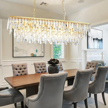 Linear Chandeliers for Dining Room, 12 Lights Rectangle Crystal Chandelier Modern Gold Pendant Light Fixture 40" for Dining Room Kitchen Table Living Room