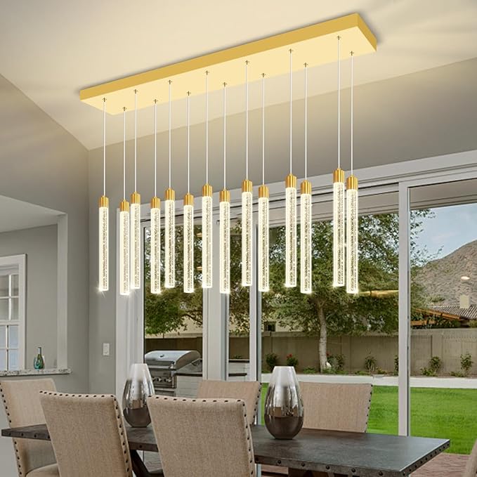 Modern Rectangular Crystal Chandelier for Dining Room LED Dimmable Crystal Column Pendant Light for Kitchen Island Entrance Foyer Living Room Adjustable Height 14-Lights Gold