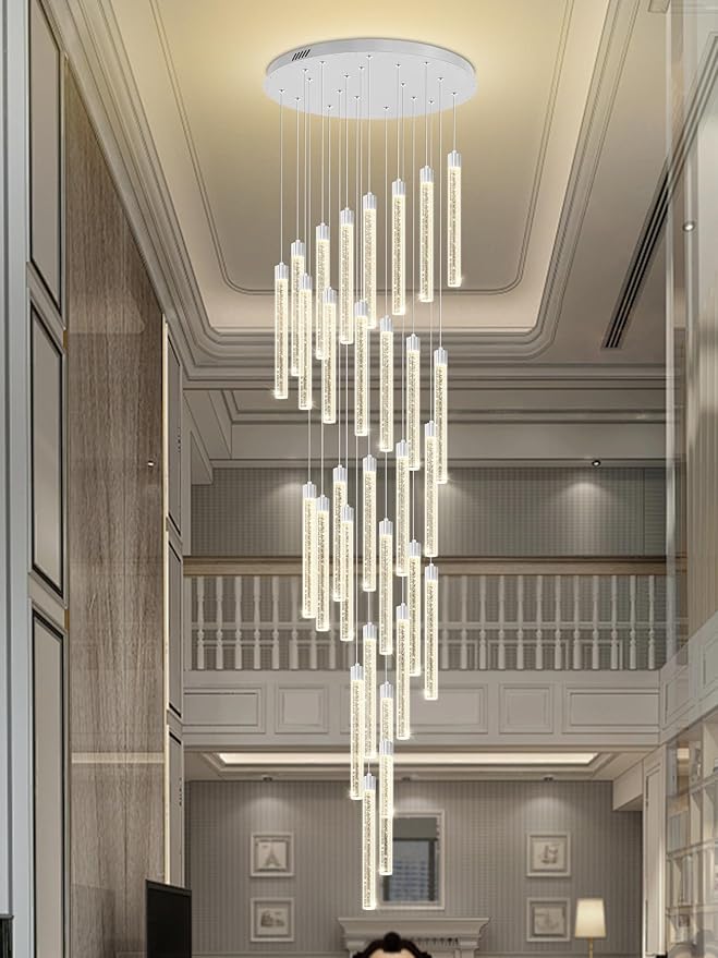 177'' Long Crystal Column Chandelier Silver 30-Light Extra Large Staircase Chandelier High Ceiling Dimmable LED Ceiling Lighting Foyer Entryway Light Source is Replaceable