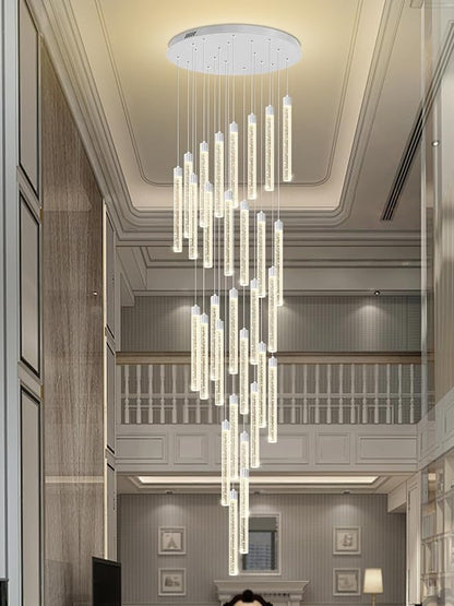 177'' Long Crystal Column Chandelier Silver 30-Light Extra Large Staircase Chandelier High Ceiling Dimmable LED Ceiling Lighting Foyer Entryway Light Source is Replaceable
