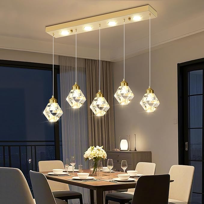 5-Lights Rectangular Pendant Light LED Dimmable Linear Crystal Chandelier Modern Rectangular Chandeliers for Dining Room Bedroom Gold Hanging Light