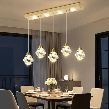 5-Lights Rectangular Pendant Light LED Dimmable Linear Crystal Chandelier Modern Rectangular Chandeliers for Dining Room Bedroom Gold Hanging Light