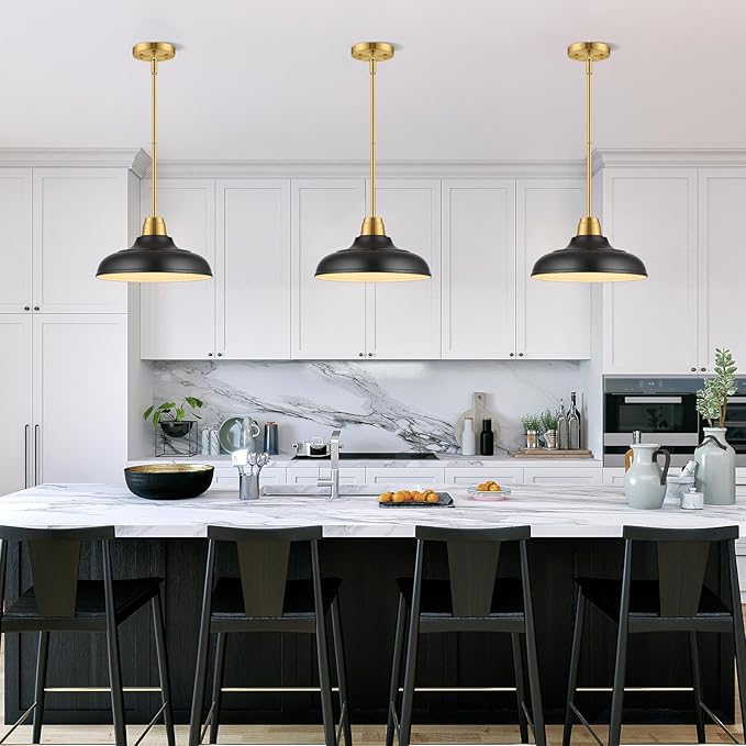 Black and Gold Pendant Light, 12" Matte Black Pendant Lights Fixtures Adjustable Rod Gold Modern Hanging Lighting,for Kitchen Island Dining Room Bar Restaurant Sink Entrance