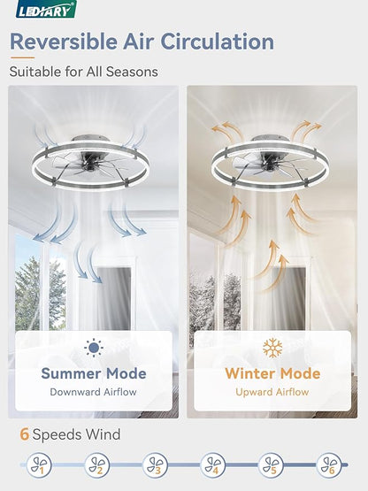 LEDIARY Ceiling Fans with Lights and Remote, 24'' Low Profile Ceiling Fan with Light, 3000-6000K Dimmable Fandelier Ceiling Fans, Modern Flush Mount Fan for Bedroom with 6 Wind Speeds- Sandy Gray