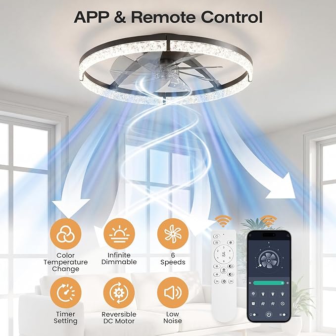 StarryEver Ceiling Fans with Lights and Remote, 24 Inch Modern Smart Ceiling Fan, 6 Speeds and 3000K-6500K Dimmable LED Fan Light, Low Profile Ceiling Fan for Bedroom, Living Room, Dining Room, Black