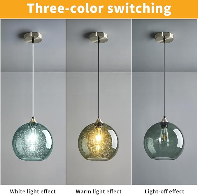 Modern 3-Pack Glass Globe Pendant Lights, Gray Green Modern Pendant Lighting for Kitchen Island, Glass Hanging Lamps for Dining Room Living Room Bedroom, Large 9.85 Inch Fixture (Bulbs Not Included)