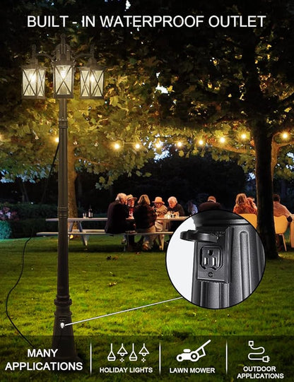Modern Outdoor Street Light 82.7" H Dusk to Dawn 3-Head Post Lights Outside with Outlet Waterproof Outdoor Lamp Post Lights Street Lantern 3 Light in Black for Exterior Yard