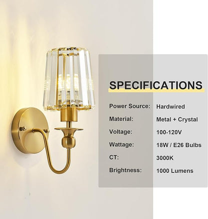 KARTOOSH Hardwired Crystal Wall Sconces Set of Two - Dimmable Wall Light Fixtures 3000K, Warm White, for Hallway, Bathroom, Living Room, Bedroom, Brass, 11.2 Inch