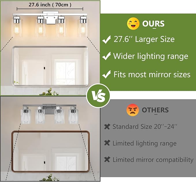 BesLowe 4-Light Bathroom Light Fixtures, Modern Chrome Bathroom Vanity Light, Bathroom Lighting Fixtures Over Mirror, Matte Chrome Bathrom Wall Lamp, Wall Lights for Living Room Bedroom Hallway